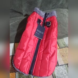 Red Quilted Dog Jacket with Gray Trim M
